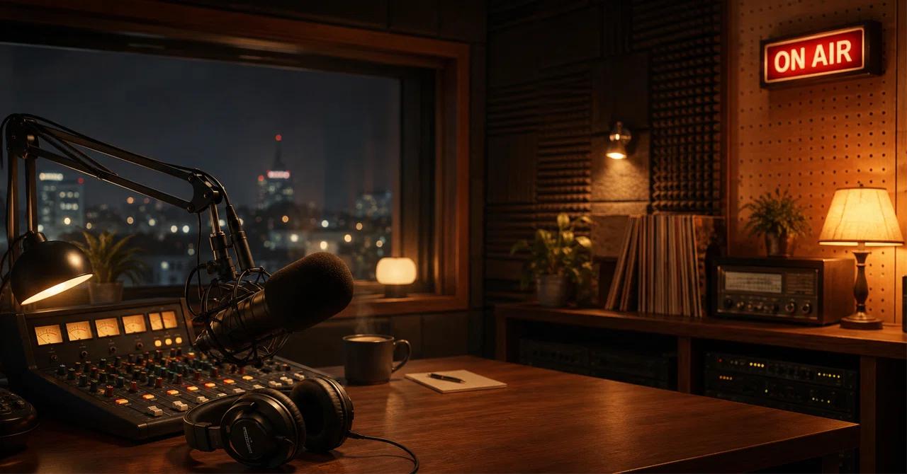 Vintage radio studio with a microphone, mixing console, headphones, and illuminated ON AIR sign.